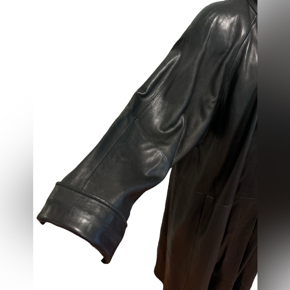 90s BLACK LAMBSKIN LEATHER MAXI TRENCH COAT HIGH COLLAR MINIMALIST MATRIX TIBOA - Picture 7 of 15